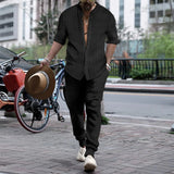 Nukty Autumn Casual Simple Style Mens Sets Long-shirts Long Pants Solid All-match Henry Collar Striped Two-piece Sets S-3XL