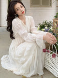 Nukty Elegant Princess Evening Dress for Women High Waist A-line V-Neck Autumn French Casual Prom Robe One Piece Vestidos Mujer New