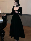 Nukty Autumn Winter Black Velvet Midi Dress Women France Vintage Long Sleeve Square Collar Birthday Party A-Line Vestidos Female Robe