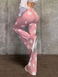 Nukty Fashion Printed Pink Flare Pants Summer Y2k Women Pants Sexy Slim Aesthetic Clothing Hottie Streetwear Causal Pantalones Mujer