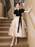 Nukty Black V-neck Evening Dress Elegant Puff Sleeve Bow Formal Banquet Dresses Elegant Print Princess Cake Dress Female Party Gown