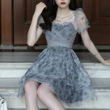 Nukty Korean Sweet Lace-up Mini Dress Elegant Print Puff Sleeve Ball Gown Birthday Party Short Dresses Summer Spring Princess Vestidos