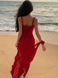 Nukty Women Elegant Backless Sexy Slip Dresses Summer Spring New Fashion Irregular Ruffles Holiday Beach Party Club Split Midi Dress