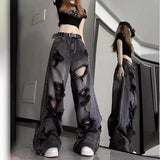 Nukty Unique Cool Ripped Jeans Women's Summer Distressed American Style Bell Bottoms Loose Fit Versatile Straight Leg Long Pants