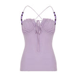 Nukty Elegant Solid Folds Camis Vintage 2000s Skinny Strap Crop Tops Women Holiday Style Transparent Mesh Tees Ladies y2k Vest