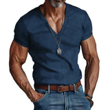 Nukty Men's Corduroy T European and American Summer Men's Clothing V-neck Solid Color Slim Fit Casual T-shirt Short Sleeved Top