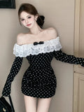 Nukty Sweet Sexy Lace Trimmed Strapless Dress Polka Dot Design Off Shoulder Slim Fit Girls Short Wrapped Buttocks Vestidos