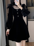 Nukty Elegant Black Velvet Mini Dress for Women Long Sleeve Bodycon Evening Dresses Korean Fashion Autumn Mesh Patchwork Outfits New