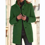 Nukty Women Vintage Solid Color Stand-up Collar Tweed Jacket Autumn Winter Warm Commuter Outerwear Single-breasted Cardigan Long Coat