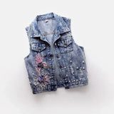 Nukty 2024 Student Vest Slim Short Jacket Embroidery Flowers Sleeveless Denim Vest Women's Beaded Waistcoat Hole Jeans Vest Coat Girl