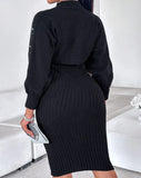 Nukty 2 Piece Outfits Sets Mock Neck Rhinestone Decor Knit Crop Sweater and Slip Bodycon Midi Dress Women Fashion Skinny Dresses Sets