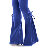 Nukty Sexy Mid Waisted Stretch Flared Pants Women Slim Fit Denim Jeans Wide Leg Casual Korean Style Skinny Bell Bottom Pocket Trousers