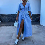 Women Deep V Neck Single-breasted Cardigan Thin Denim Dresses Lace-up Half Sleeve Dress Casual Fashion Female High Waist Gown