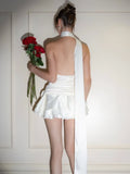Nukty Satin Sexy Backless 3D Flowers Women Dress White Halter A-line Dress Female Spring Slim Elegant Party Clubwear Vestidos