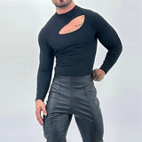 Nukty Autumn Clothing Men's Bodysuits Hollow Out Turtleneck Long Sleeve T Shirt Streetwear Sexy Solid Color Ripped Fashion Basic Shirt