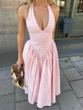 Nukty Women Sweet Pink Plaid Print Pleated A-line Dress Sexy Backless V-neck Lace-up Halter Dresses New Evening Party Club Robes