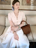 Nukty French Elegant Lace Long Dress Summer V-Neck Puff Sleeve Single Breasted Woman Dresses Office Lady Causal New Vestidos