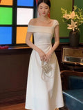 Nukty Women Elegent White Party Prom Midi Dress Summer New French Female Sexy Fashion Slim Off Shoulder Pleated Clothes Vestidos