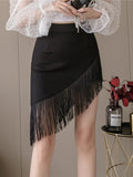 Nukty Womern High Waist Fringed Short Skirt Women's Summer  New Style Black Irregular Elastic Hip Skirt Anti-glare Skirt