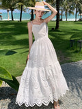 Nukty Elegant Hollow Out Womens Dresses French Style Spaghetti Strap Evening Party Dress Summer Female A-line Chic Vestidos Long Robe