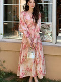 Nukty French Elegant Romantic Print Long Ruffles Dress Office Lady Slim Wasit Pleated V-Neck Robe Korean 2025 Spring Summer Vestidos