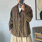 Korean Style Casual High Quality Khaki Plaid Shirt Men Clothing Harajuku Coats Japanese Streetwear Vintage Clothes