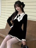 Nukty Y2K Sweet Velvet Womens Dresses French Patchwork Princess Flare Long Sleeves Birthday Party Mini Dress Female Short Vestidos New