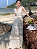 Nukty Elegant Hollow Out Womens Dresses French V-neck Sleeveless Party Long Dress Summer Spring Slim Waist A-line Beach Vestidos New