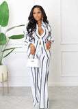 Nukty Autumn Winter Fashion Striped Print Set Women's Long-sleeve Button Shirt Wide-leg Pants Two-piece Suit Casual Office Ladies Sets
