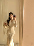 Nukty Elegant Chic Single Breasted Velvet Midi Dresses for Women Spring Autumn Vintage Evening Party Slim Mermaid Female Clothing Robe