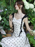 Nukty Summer Dot Spaghetti Strap Womens Dresses French Style Sleeveless Ruffles Strap Birthday Party Dress A-line Vestidos New Outfits