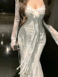Nukty Women's Floral Ruffles Sexy Slim Dresses  French Vintage Women White Lace Long Sleeved Dress Summer Holiday A-line Vestidos New