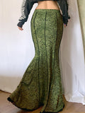 Nukty Vintage Fashion Elegant Green Trumpet Long Skirt Graphic Printed Lace Trim Y2K High Waist Skirt Women 2000s Aesthetic