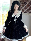 Nukty Elegant Lace Patchwork Velvet Dress Women French Style V-Neck Long Sleeve Slim A-Line Party Robe Vintage Evening Prom Vestidos