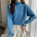 Nukty Women Ruffles Thicken Warm Sweater Mock Neck Flare Sleeve Sweet Pullovers Solid Casual Sweater For Women Fall Winter