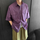 Nukty High Quality Solid Pockets Shirts Black Blouses Summer Korean Smooth Short Sleeve Shirt Streetwear Oversize Cargo Shirts