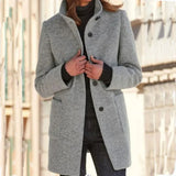 Nukty Women Vintage Solid Color Stand-up Collar Tweed Jacket Autumn Winter Warm Commuter Outerwear Single-breasted Cardigan Long Coat
