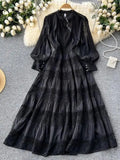 Nukty Women's V Neck Lantern Sleeve Pearls Evening Party Dress Autumn Elegant Hollow Out Embroidery Lace Splice Long Robe Vestidos