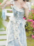 Nukty Sky Blue Chiffon Print Vintage Womern's Two Pieces Set Romantic Ruffles Top Lace Embroidery Asymmetrical Skirt Suit Fashion Lady