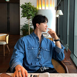 Nukty Autumn Men's Light Luxury Retro Popular Denim Shirt Leisure Long Sleeve Button-down Premium Solid Color Business Pocket Shirt