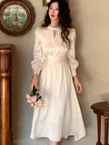 Nukty Elegant French Satin Vintage Midi Dress Spring New Office Lady Lace-up Long Sleeves Slim Wasit Korean Chic Vestidos Basics