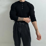 Nukty Autumn Clothing Men's Knit Henry Collar Pullover Sweater Luxury Vintage Button-down Long Sleeve Casual Streetwear Basic Shirts