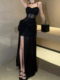 Nukty French Sexy Black Split Sleeveless Dresses Summer New Fashion Spaghetti Strap Slim Female Evening Party Club Dress