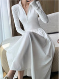 Nukty Vintage Elegant Solid Knitted Midi Dresses Women Korean Casual Long Sleeve Slim A-Line Black Birthday Party Robe Autumn Clothing