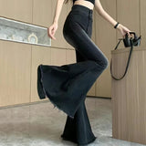 Nukty Y2K Vintage Raw Edge Flare Jeans Women Korean High Waist Slim Denim Pants Solid Hip Hop Streetwear All Match Wide Leg Trousers