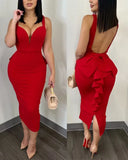 Nukty Sexy Plunge Ruffle Dresses for Women Elegant Thick Straps Deep V Neck Bow Decoration Backless Midi Sexy Formal Party Dress