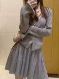 Nukty Y2K Mini Pleated Knitted Skirt Suits Women Autumn Chic Suit Elegant V-Neck Long Sleeve Cardigan Korean Solid Two-piece Sets New