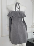 Nukty Korean Sweet Mini Dress Sexy Gray Off Shoulder Long Sleeves Lace-up A-Line Party Dresses Y2K Female One Piece Vestidos Mujer New