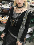 Nukty  Punk Harajuku Striped T Shirts Black Y2K Vintage Gothic Graphic Patchwork Top Grunge Retro Patchwork Street Long Sleeve Tees