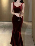 Nukty Vintage Elegant Wine Red Long Mermaid Dresses Fashion Women's V-Neck Solid Slim Wasit Evening Party Sling Robe New Summer